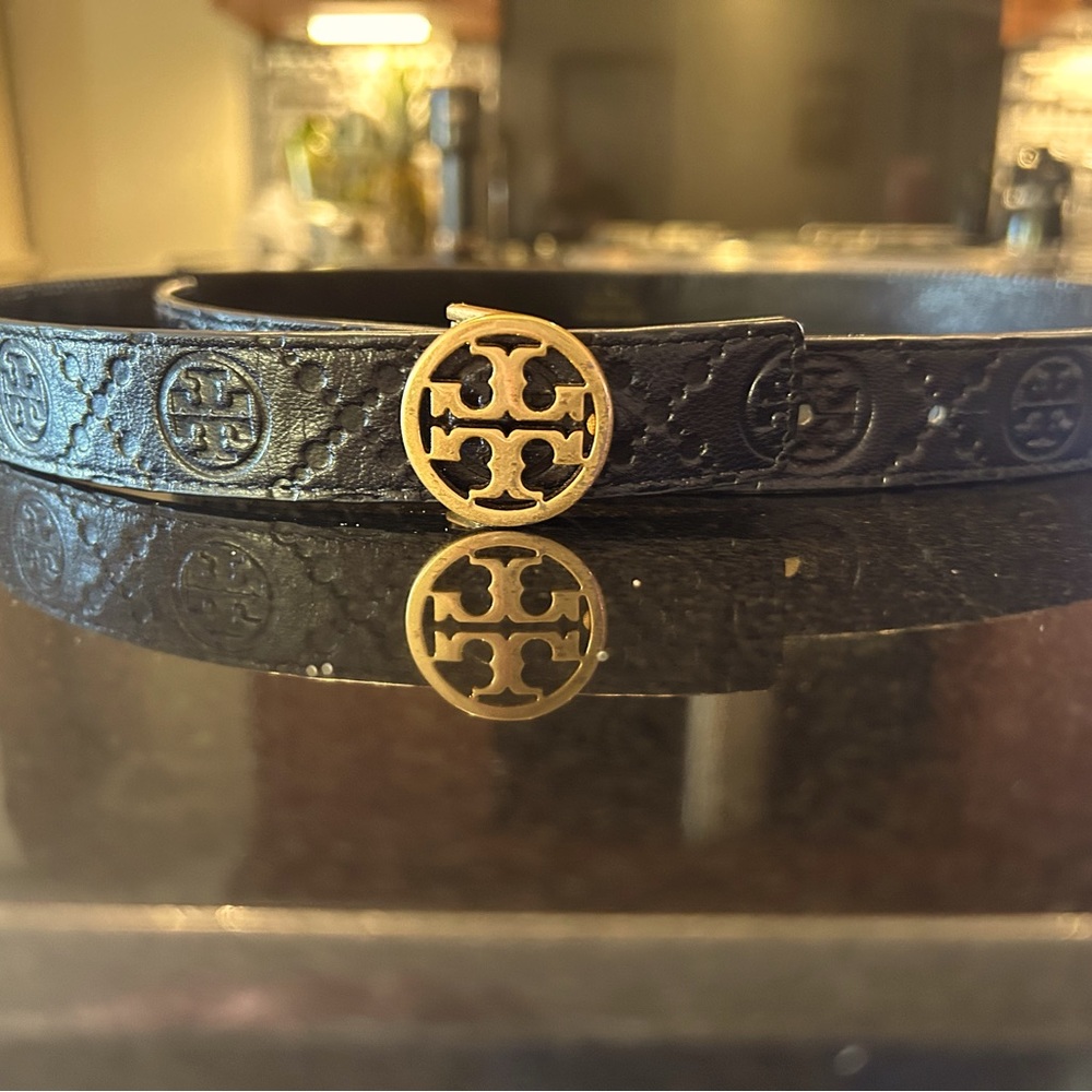 Tory Burch monogram “embossed” navy leather belt size large